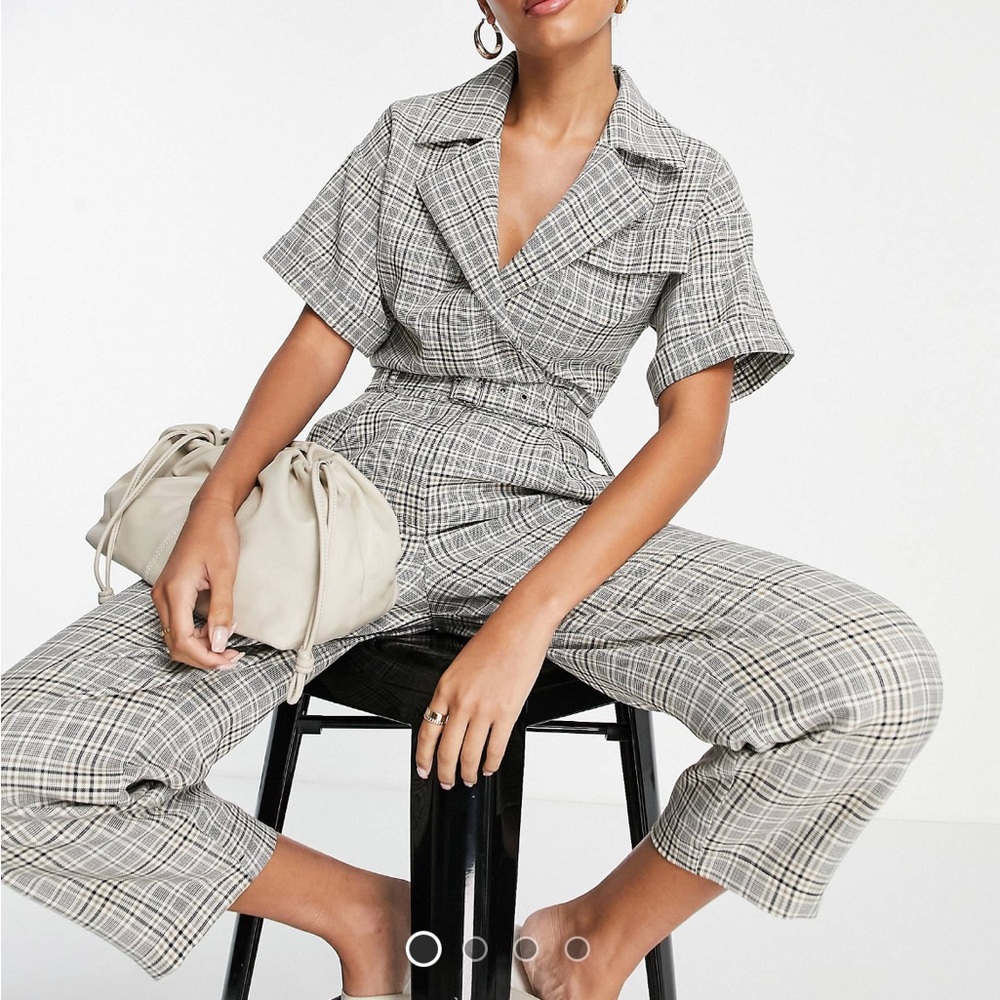 Short Sleeve Tux Belted Jumpsuit in Plaid Print